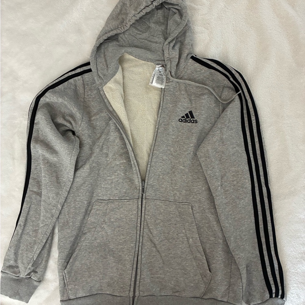 Adidas Gray Hoodie with Black Sleeve Stripes